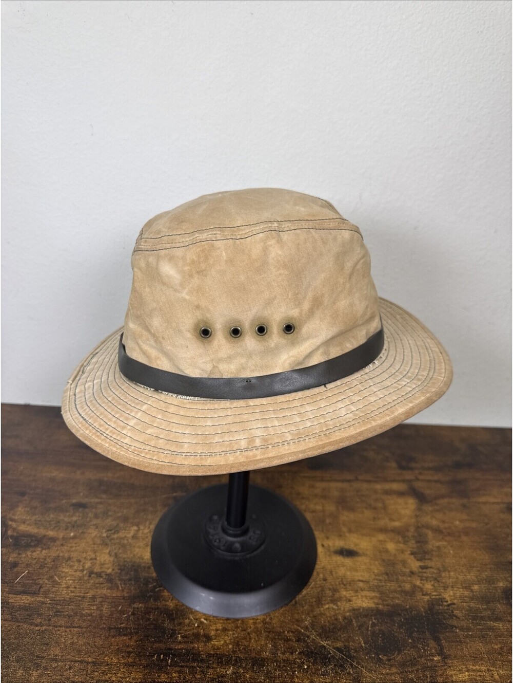Vintage Filson Tin Cloth Packer Hat Large Distressed Faded Leather Band USA Made